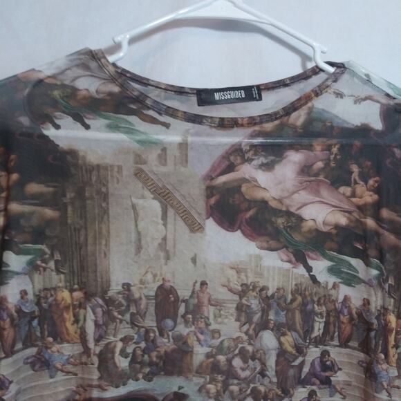 Missguided Renaissance Art Angel Mesh Short Sleeve Tee Multi Color Size 2 - Picture 2 of 8